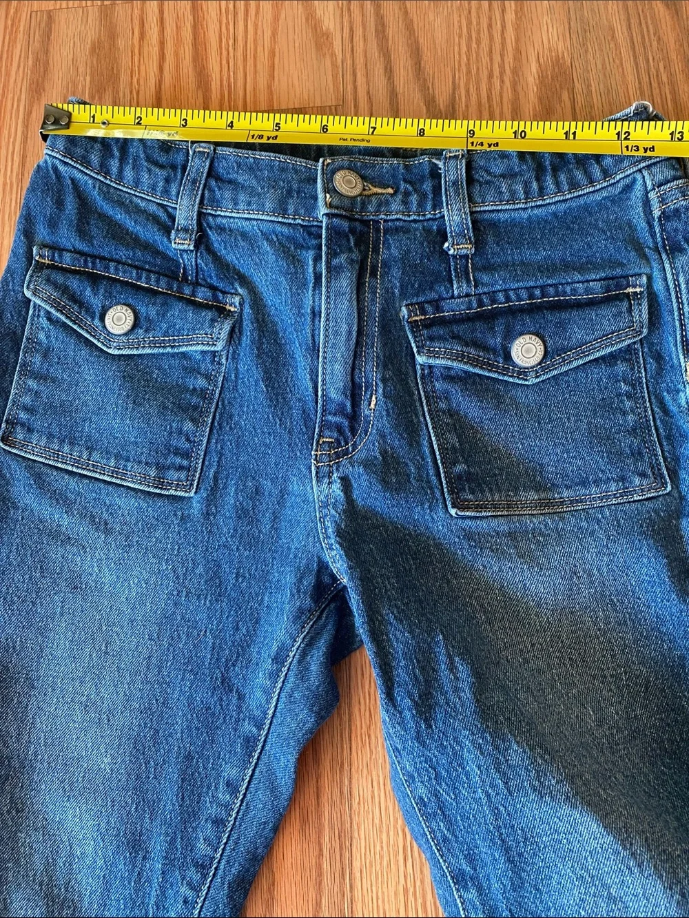 Girl’s Blue High Rise Flare Jeans with Front Flap Pockets by Old Navy-14 Denim